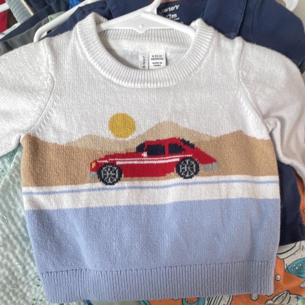 Janie and Jack White Blue Knit Car Pattern Pullover Sweater 6-12 Months